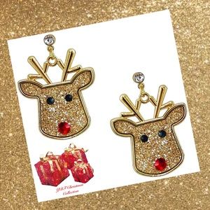 New Gold Glitter & Red Rhinestone Reindeer Christmas Post Statement Earrings